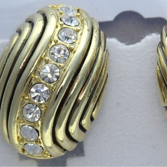 Jewelry - Vintage Gold-Tone Clip-On Earrings W/ Clear Rhinestone Accents Elegant Design